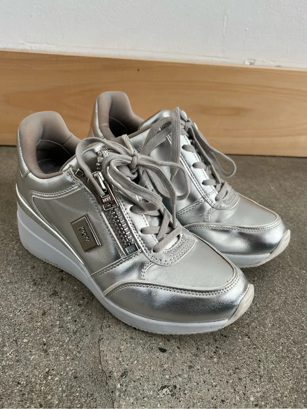 DKNY Metallic Silver Wedge Sneaker - Women
